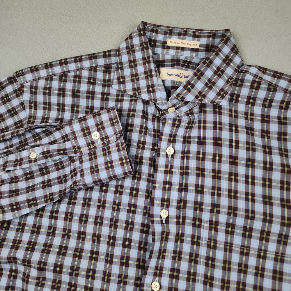 Beecroft & Bull Shirt Mens Large Blue Plaid Long Sleeve Button Up USA Casual